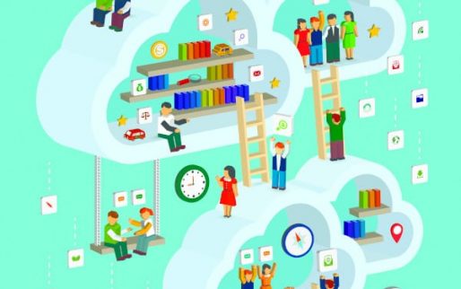 cloud service concept 3d isometric infographic with a man taking out a book from internet