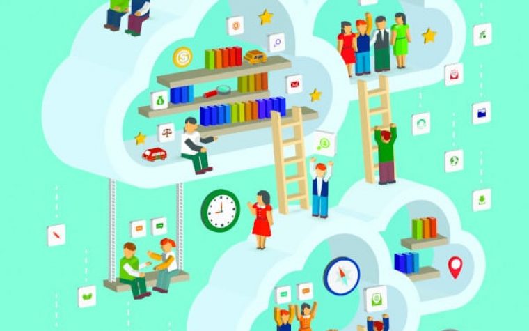 cloud service concept 3d isometric infographic with a man taking out a book from internet