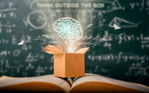 think outside the box on school green blackboard . startup  education concept. creative idea. leadership.
