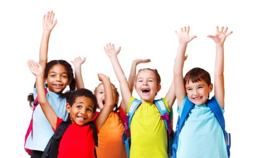 Group of emotional friends with their hands raised